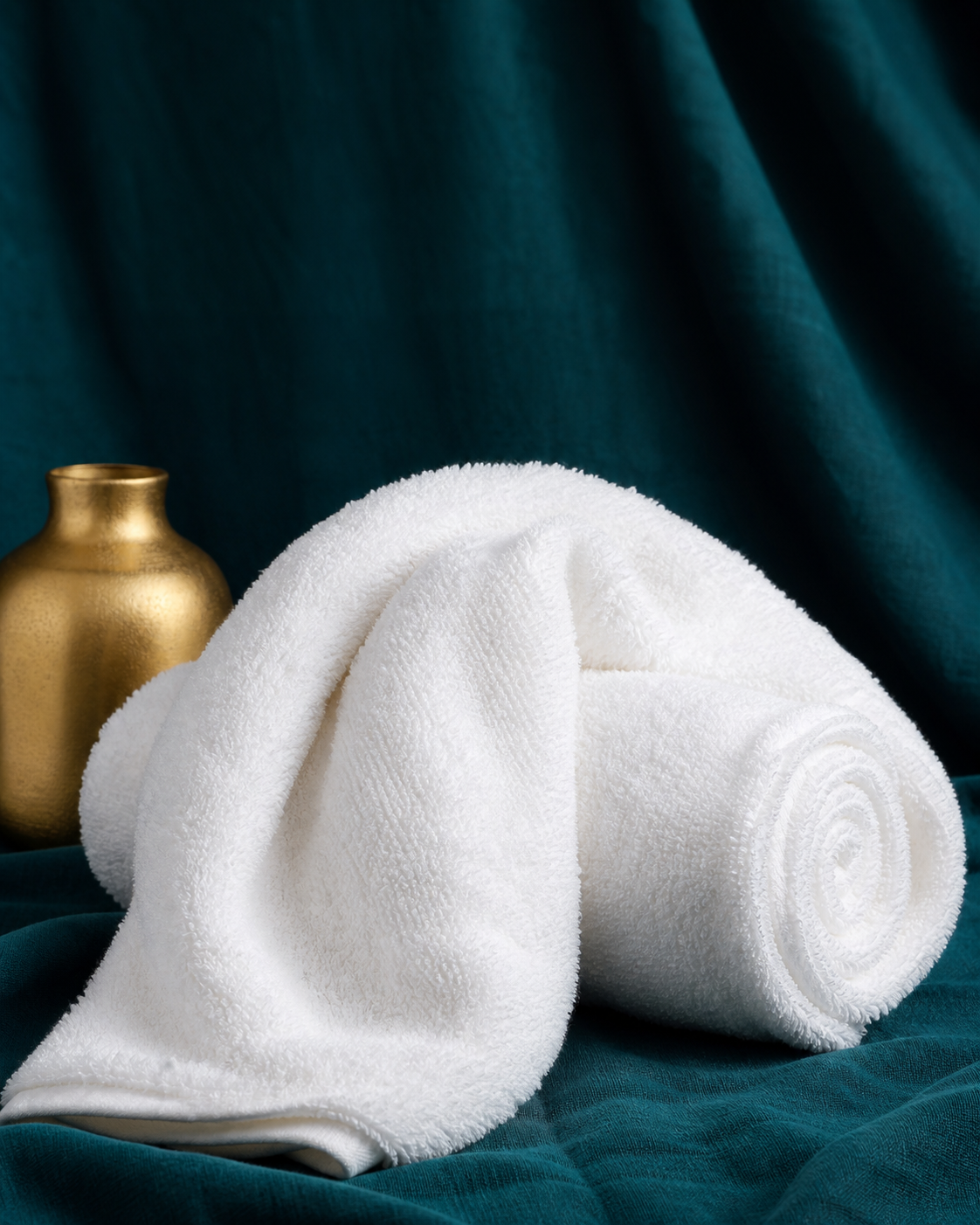 Cloud-white Air Rich Cotton towels against a deep teal backdrop