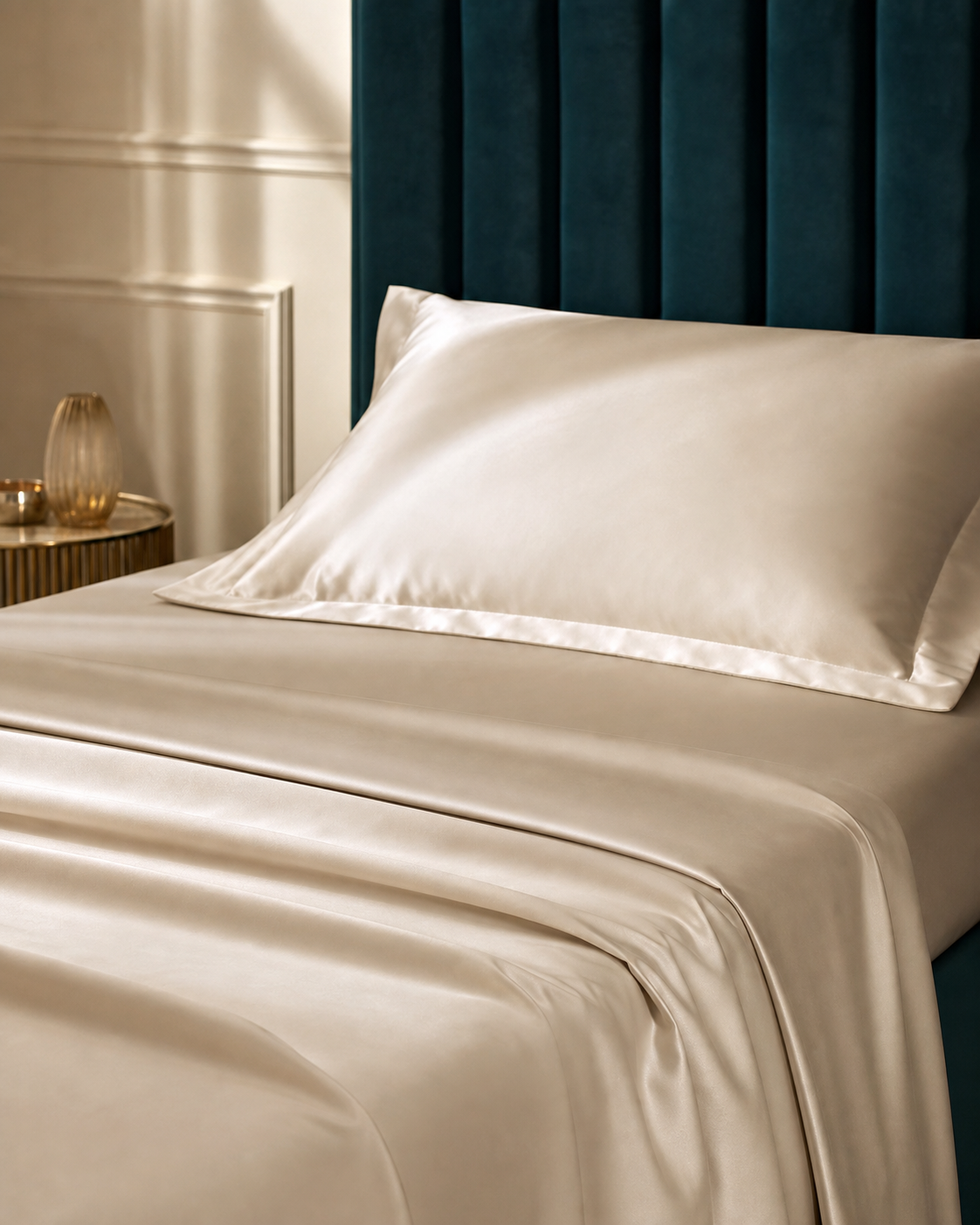 Champagne sateen bedsheet against a deep teal upholstered headboard
